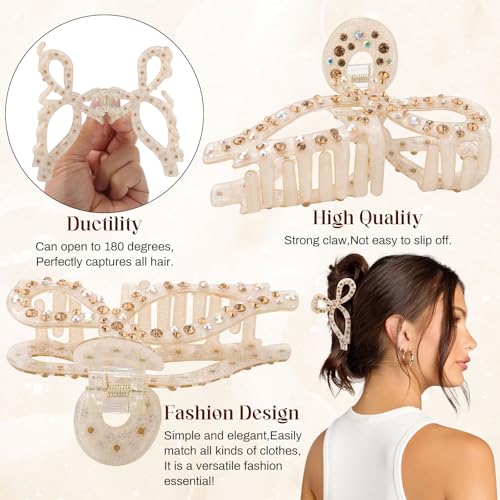 AWAYTR Rhinestone Bow Hair Claw Clip 4.3 Inch for Thick Hair