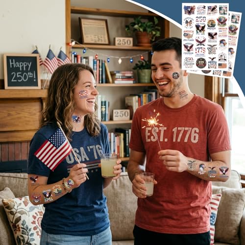 250th Anniversary Temporary Tattoos - 8 Sheets Patriotic USA Stickers