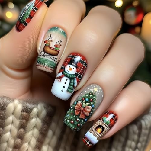 Christmas Press on Nails Medium Square Fake Nails Snowman Tree Design