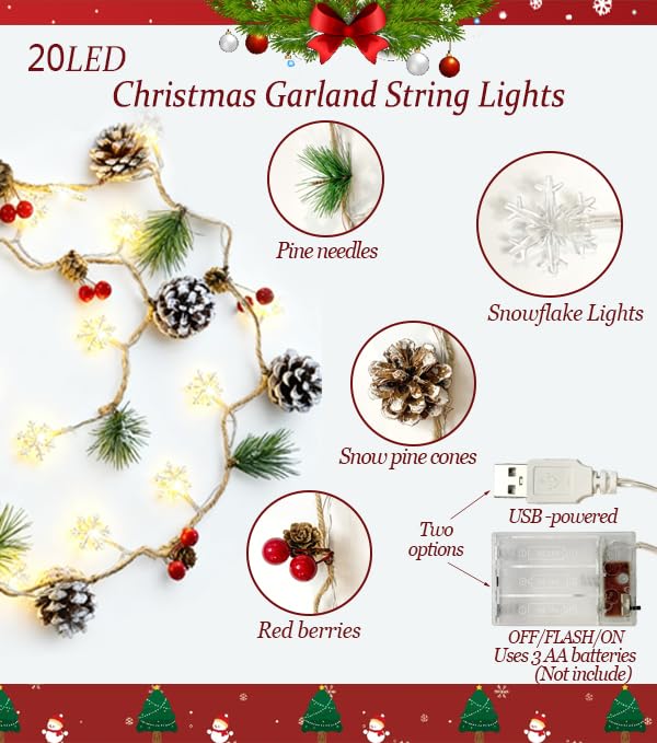 Christmas Garland with Snowflake Lights - 9.8 ft USB or Battery Powered with Pinecones & Red Berries