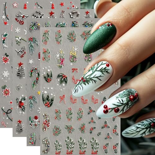 Christmas Nail Stickers 4 Sheets 3D Self-Adhesive Winter Snowflake Xmas Decals