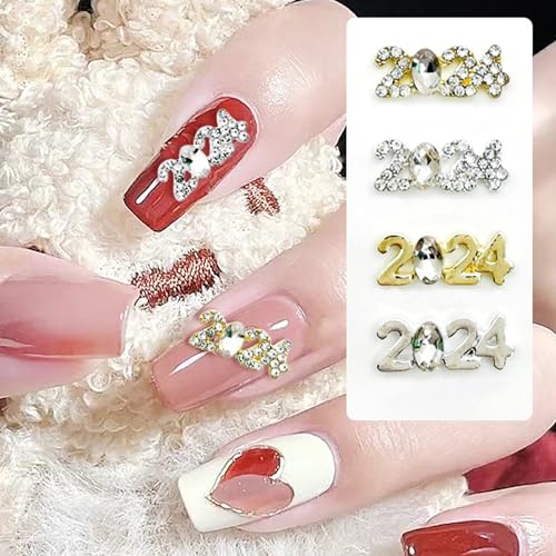 FIEONCIY 2024 Number Nail Rhinestones 3D Alloy Metal Digit Charms - 14Pcs