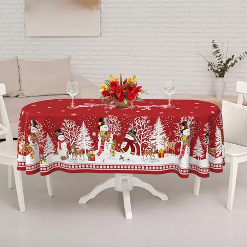Oval Christmas Tablecloth 60 x 102In Red Snowman Santa Tree Waterproof Holiday Decor