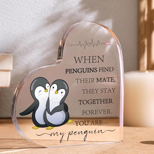 Penguin Heart Acrylic Plaque Romantic Gift for Wife Husband Anniversary