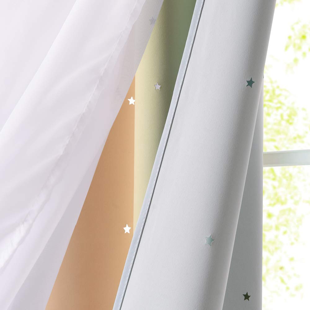 NICETOWN Rainbow Star Curtains for Girls Bedroom, Double Layer Colorful Stripes Kids Blackout Curtains Plus White Sheer Livingroom Window Curtains for School Classroom (Rainbow, W52 x L84, Sold by 2)