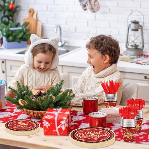Christmas Party Supplies Set for 25 Guests - Red & Black Holiday Tableware, Plates, Cups, Napkins & Utensils