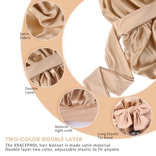 XRACEPHOL Double Layer Satin Sleep Bonnet with Adjustable Tie Band for Curly Hair, Gold