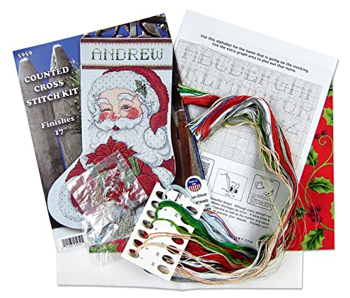 Winking Santa Cross Stitch Stocking Kit with Cotton Floss & Beads, 17 Inches