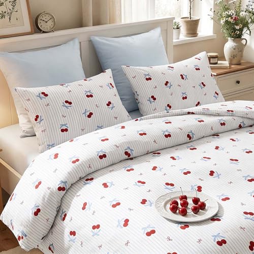 Nayoroom Queen Duvet Cover Set - Blue Striped Cherry Bow Bedding