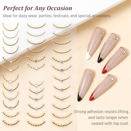 5D Embossed French Nail Stickers Gold Line Wave Curve Decals 4 Sheets