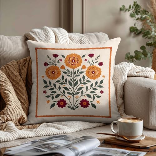 Orange Floral Throw Pillow Cover, 18x18 Boho Botanical Cushion Case