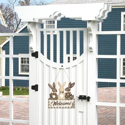 Wooden Bunny Welcome Sign - Easter Door Hanger Decor 12"