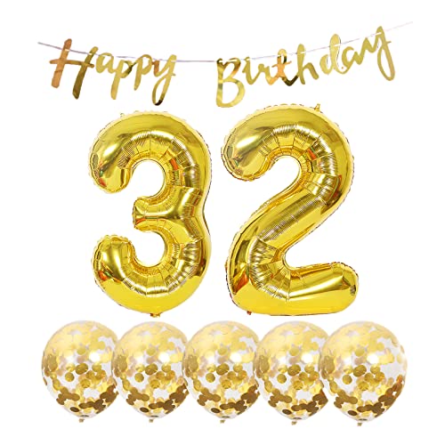 Gold 32nd Birthday Decoration Kit with Balloons & Banner