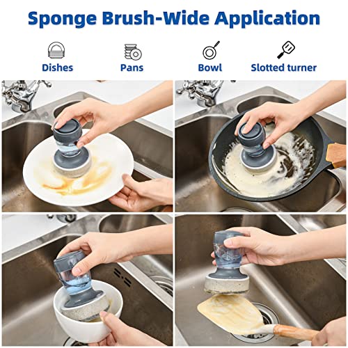 SUBEKYU Soap Dispensing Dish Brush Set with Draining Tray - Grey, 2-Pack