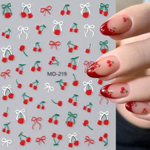 Cherry Nail Art Stickers 2 Sheets Cute Red Bow Self-Adhesive Decals