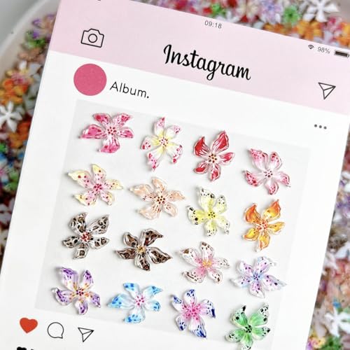 40Pcs 3D Flower Nail Charms Resin Lily Rhinestones for DIY Manicure