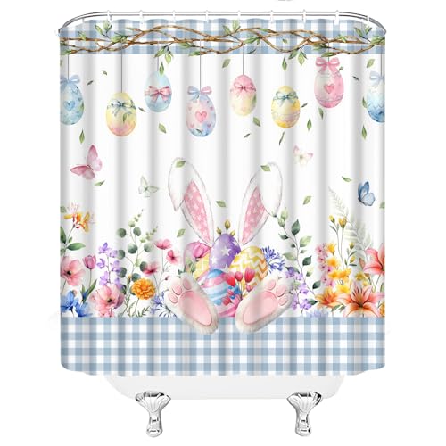 AEMBEE Easter Shower Curtain - Cute Bunny & Floral Blue Plaid, 70"x70"