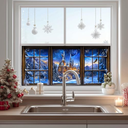 HOMETITUTE Castle Snow Night Window Cling Privacy Film 39.3x17.7"