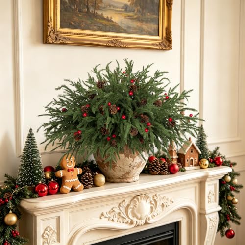 Christmas Norfolk Pine Stems with Pinecones and Red Berries - Dark Green, 12 Pack