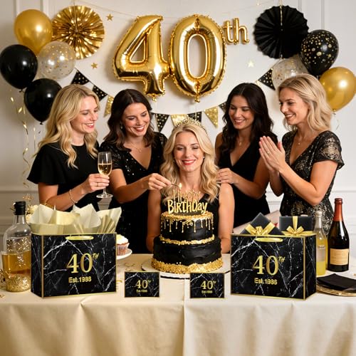 Yoirrat Black Gold 40th Birthday Gift Bag with Tissue Paper and Card