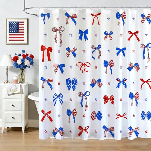 Mocsicka 4th of July Patriotic Shower Curtain, Stars and Bows, 72x72 Inch