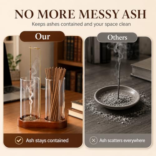 Wooden Incense Holder with Glass Bottles for Ash Collection