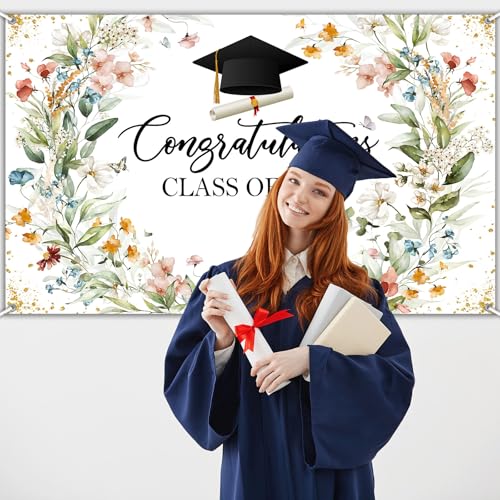Wildflower Graduation Backdrop Banner - Class of 2026, 70.8 x 43.3 Inch