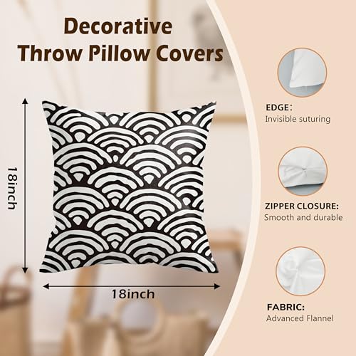 BILLAION Japanese Seigaiha Wave Throw Pillow Cover, 18x18 Black and White-01