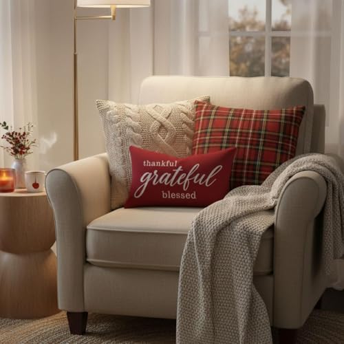 Farmhouse Thankful Thank You Blessed Throw Pillow Cover 12x20 Crimson Red - Double-Sided Polyester