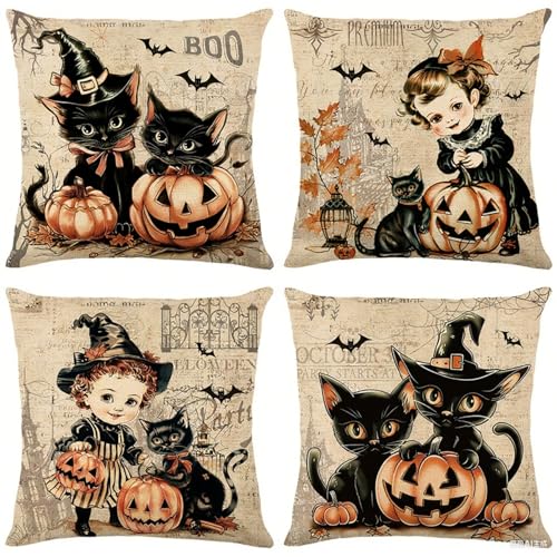 Vintage Halloween Throw Pillow Covers 18x18, Set of 4 Black Cat & Pumpkin