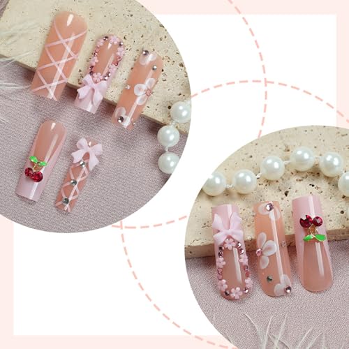Long Coffin Press on Nails Pink French False Nails with Cherry and Bow