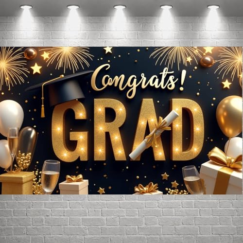 Congrats Grad Banner - Black Gold Graduation Party Decoration 2026