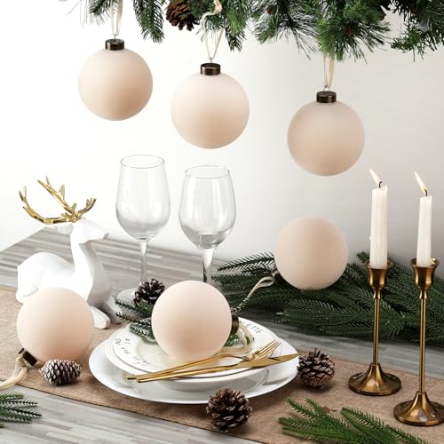 Beige Velvet Christmas Ball Ornaments 4 Inch - Set of 6 Holiday Decor