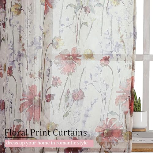 OVZME Crushed Floral Sheer Curtains - 2 Panels, 63 Inch Length
