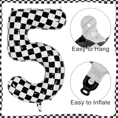 Checkered Number 5 Balloon - 40 Inch Foil Race Car Decoration