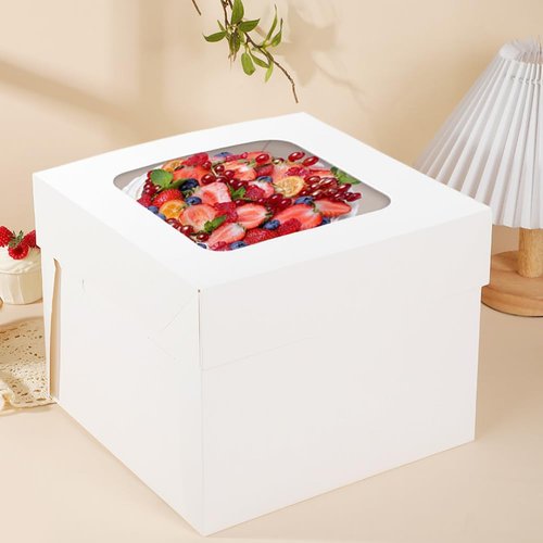 KoberrLi 2 Pack Cake Boxes with Ribbons 12x12x12 inch Tall Large White Bakery Square Cake Boxes with Window for Weddings Birthdays Decorating