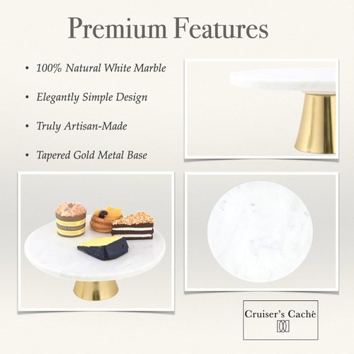 Cruiser’s Caché 12-Inch Marble Cake Stand | Natural White Marble with Gold Base | Round Dessert Stand, Cupcake Stand for Birthday Parties, Weddings, Baby Showers | White and Gold