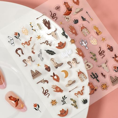 Retro Cowboy 5D Embossed Nail Art Stickers Western Decals