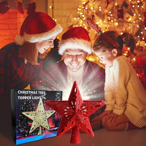 Christmas Tree Topper Lighted Star with 6 Projected Patterns - Rotating 3D Glitter Xmas Decor - Red - Variation 1