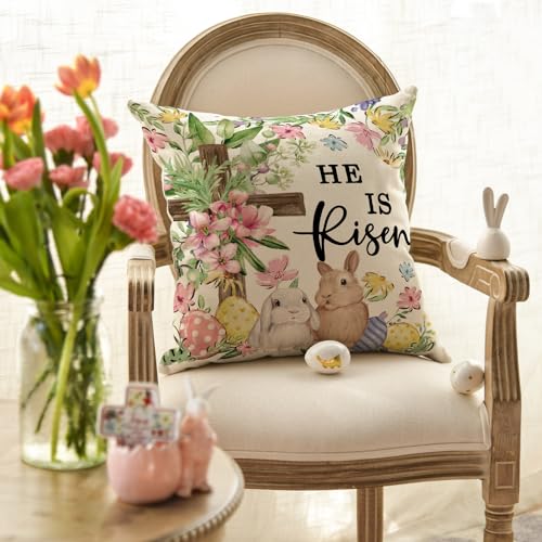 He is Risen Easter Throw Pillow Cover - 18x18 Inch Floral Design