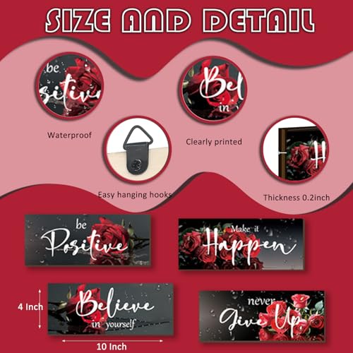Red Rose Wall Decor Set - 4 Piece Inspirational Art for Home & Office