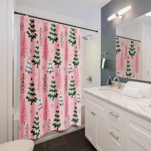 MelonBoat Christmas Shower Curtain, Pink Xmas Tree Fabric Bath Curtain 72x72