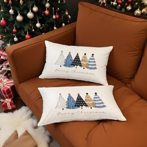 Navy Blue Christmas Tree Throw Pillow Covers 20x12 - Color 01