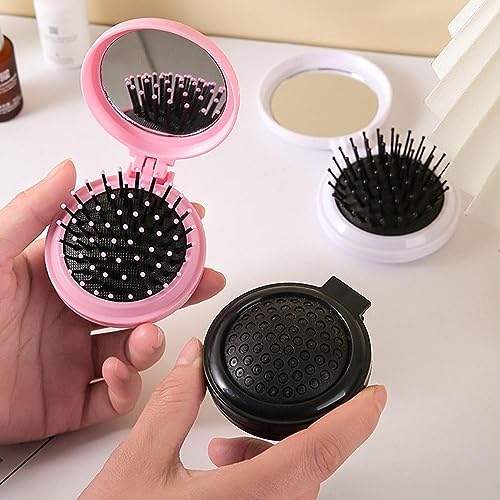 White Folding Hair Brush with Mirror - Portable Mini Travel Hairbrush