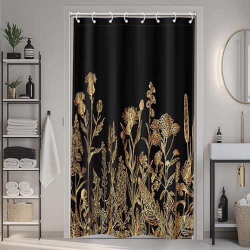 Riyidecor Floral Shower Curtain - Narrow 48"W x 72"L Black & Gold Botanical