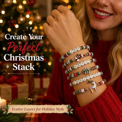 OHOME Red Green White Christmas Bracelets 6 Pack - Teens & Women Stocking Stuffers