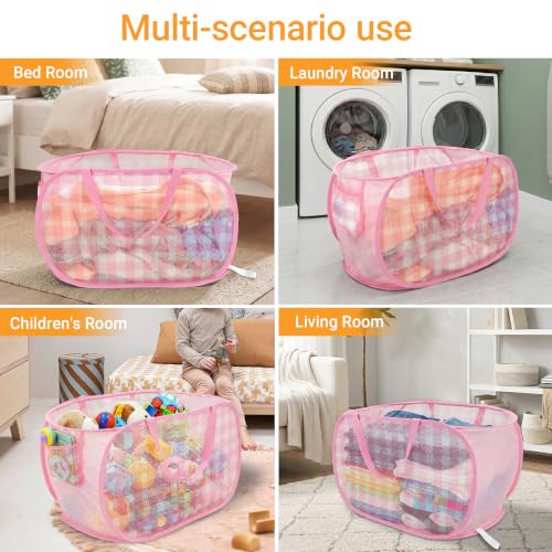 Sturdy Collapsible Laundry Basket with Pocket - Foldable Hamper for Kids Room, Dorm, and Travel - Check Print, Pink