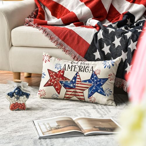 4th of July Patriotic Throw Pillow Covers 20x12 Inch - Set of 2
