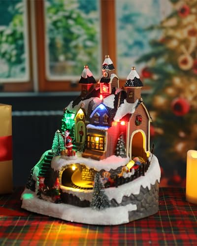 Bdor Christmas Village House with Animated Train & Santa Scene - LED Lights