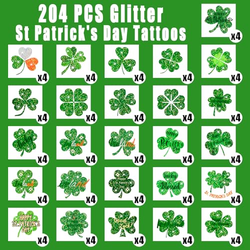 Glitter Shamrock Temporary Tattoos - 204 PCS St. Patrick's Day Party Favors